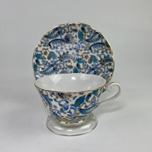 Lefton China Blue Paisley Teacup and Saucer Set Hand Painted Gold Trim 2339